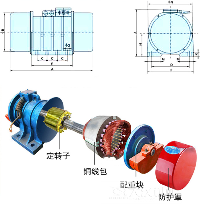 YZS振動(dòng)電機(jī)內(nèi)部主要部件：定轉(zhuǎn)子，銅線包，配重塊，防護(hù)罩。